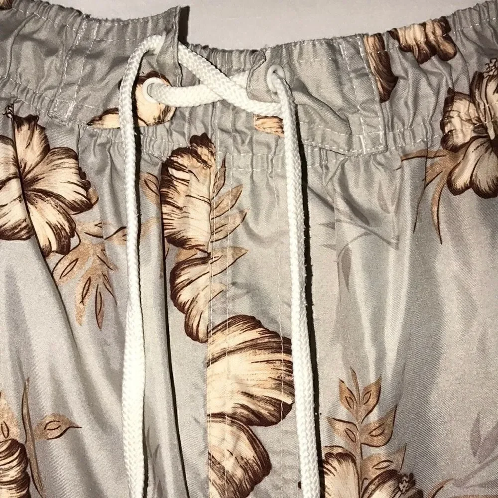 Panama Jack Men's Elastic Waist Drawstring Floral Gray/ Brown Swim Shorts Size M